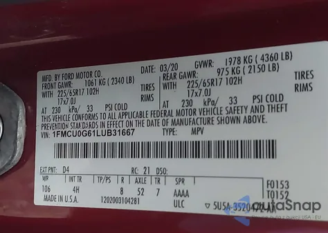2020 Ford Escape Se from USA, damaged, VIN 1FMCU0G61LUB31667